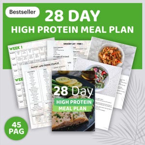 Puede incluir: Un plan de comidas de alto contenido proteico de 28 días con una lista de la compra, alimentos básicos para la despensa y la nevera, y un ejemplo de plan de comidas. El plan de comidas incluye desayuno, almuerzo, cena y refrigerios. La imagen también incluye una foto de un plato de salmón.