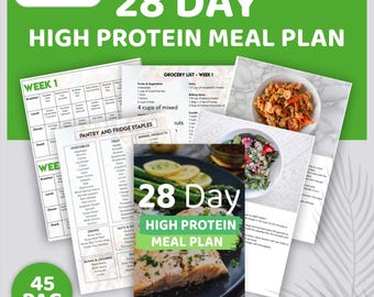 Plano de refeições ricas em proteínas de 28 dias, perda de peso e ganho muscular, receitas ricas em proteínas, plano de refeições saudáveis de 28 dias, listas de compras, PLR
