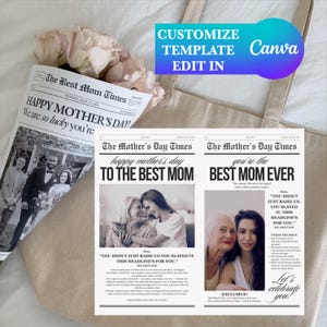 Bearbeitbare Muttertags-Zeitungsvorlage, Zeitungsblumenstrauß, Zeitungsstraußverpackung, Geschenk für Mutter, Canva-Vorlage