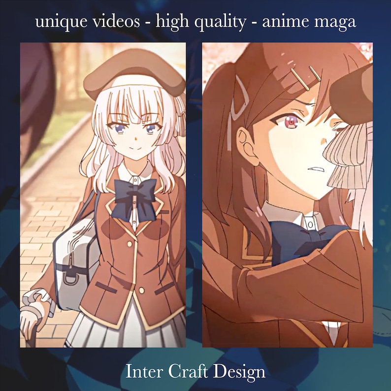May include: Two anime characters in school uniforms. The character on the left is wearing a white hat and has long, white hair. The character on the right has long, brown hair and is wearing a brown hat. The text "Inter Craft Design" is at the bottom of the image.