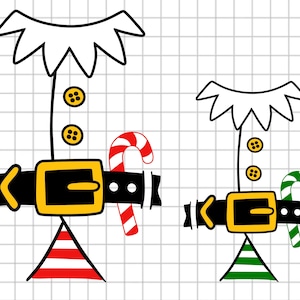 以下が含まれることがあります： エルフのコスチュームの漫画イラスト。白い襟、黄色のボタン、金色のバックルが付いた黒いベルト、キャンディケーンが含まれています。コスチュームの底は赤と白のストライプの三角形です。