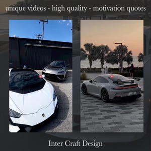 May include: Two white luxury sports cars parked in different locations. The car on the left is a Lamborghini with a black interior. The car on the right is a Porsche with a black interior. The image is captioned "Inter Craft Design".