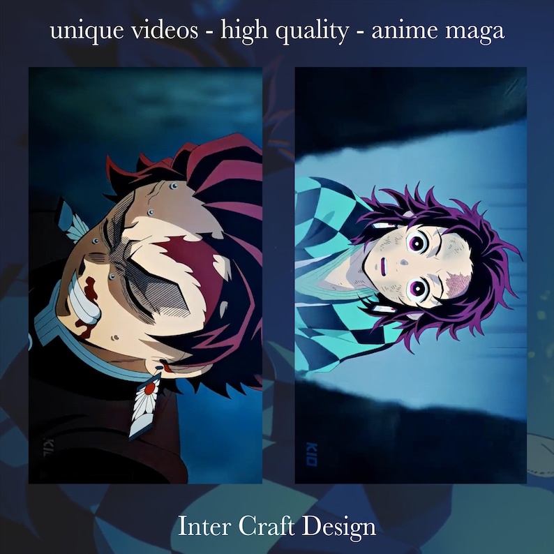 May include: Two anime characters from the show Demon Slayer. The character on the left is Tanjiro Kamado, with red hair and a red scar on his forehead. The character on the right is Nezuko Kamado, with pink hair and a green and black checkered pattern on her outfit. The text "Inter Craft Design" is at the bottom of the image.