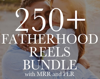 Puede incluir: Imagen que promociona un "Fatherhood Reels Bundle" con el texto "250+". La imagen muestra a un padre abrazando a un niño, con un fondo de playa. El texto también incluye "with MRR and PLR" y "Inter Craft Design".