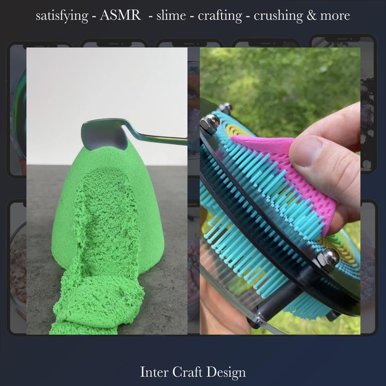 May include: The image showcases two distinct scenes. On the left, a green, textured substance is being manipulated with a silver utensil. The right side features a tool with blue, pink, and yellow bristles. The text at the top reads "satisfying - ASMR - slime - crafting & more."