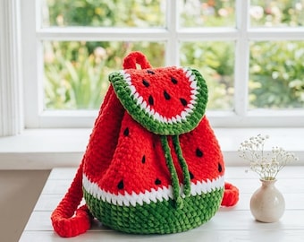 Watermelon Backpack Crochet Pattern PDF + Video Tutorial, Cute Summer Crochet Bag, Kids Amigurumi Backpack