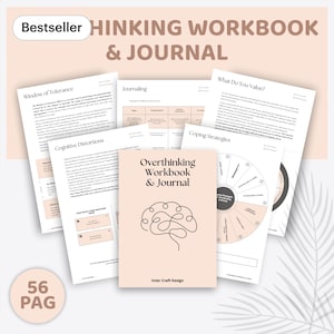 May include: A light pink "Overthinking Workbook & Journal" with a line art brain design, surrounded by open pages with text and diagrams. The cover text reads "Overthinking Workbook & Journal" and "Inter Craft Design". The image also includes the text "Bestseller" and "56 PAG".