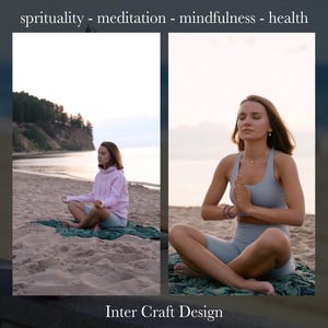 Peut inclure: Deux femmes m&eacute;ditent sur une plage, l'une en sweat-shirt rose et l'autre en brassi&egrave;re de sport grise et short. Le texte "spirituality - meditation - mindfulness - health" est en haut de l'image. Le texte "Inter Craft Design" est en bas de l'image.