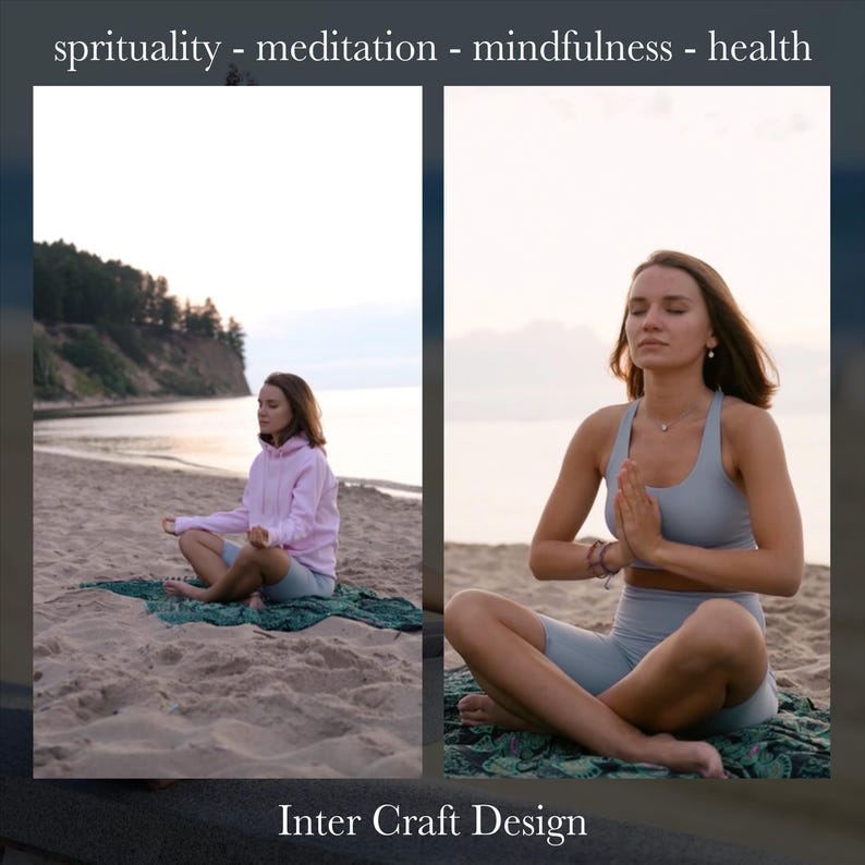 Peut inclure: Deux femmes m&eacute;ditent sur une plage, l'une en sweat-shirt rose et l'autre en brassi&egrave;re de sport grise et short. Le texte "spirituality - meditation - mindfulness - health" est en haut de l'image. Le texte "Inter Craft Design" est en bas de l'image.