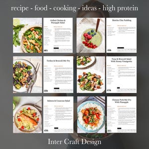 May include: A collage of eight recipe cards featuring high protein meal ideas. The recipes include Grilled Chicken & Pineapple Salad, Matcha Chia Pudding, Turkey & Broccoli Stir Fry, Tuna & Broccoli Salad with Honey Vinaigrette, Salmon & Couscous Salad, and Chinese Pork Stir-Fry with Pineapple. The recipes are presented on a white background with a black border.