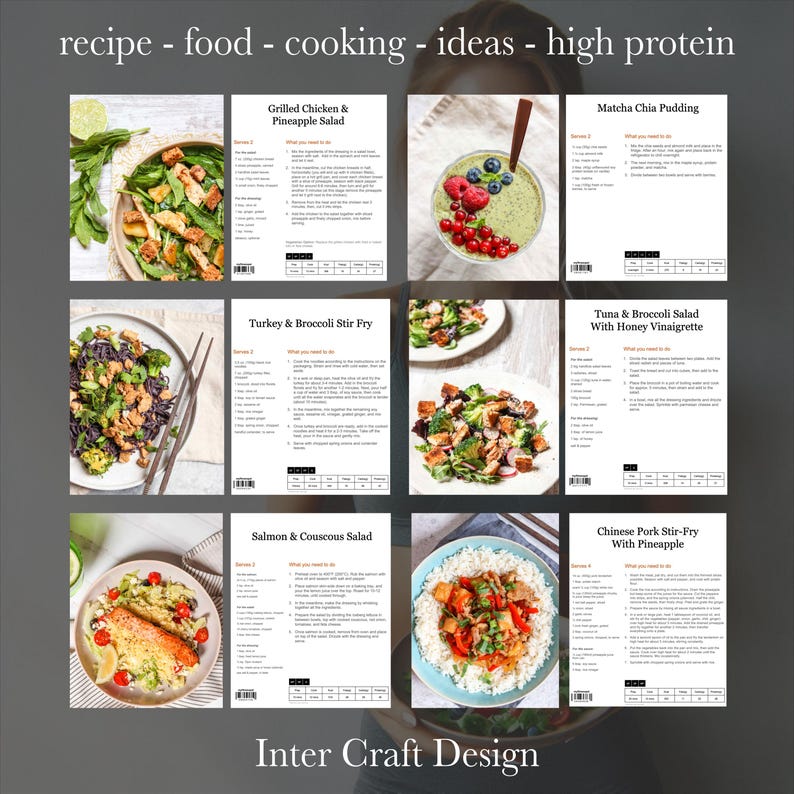 May include: A collage of eight recipe cards featuring high protein meal ideas. The recipes include Grilled Chicken & Pineapple Salad, Matcha Chia Pudding, Turkey & Broccoli Stir Fry, Tuna & Broccoli Salad with Honey Vinaigrette, Salmon & Couscous Salad, and Chinese Pork Stir-Fry with Pineapple. The recipes are presented on a white background with a black border.