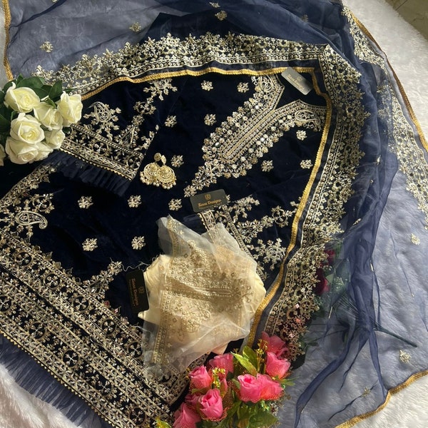 Pakistani designer Navy Blue Mirror velvet suit fully stitched