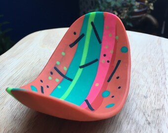 Polymer clay ring trinket bowl/dish. Orange, pink turquoise spots & print. 10.5cm