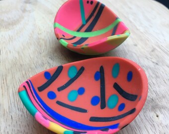 Polymer clay ring trinket bowl/dish. Orange, turquoise & green stripes/spots print. 6cm diameter