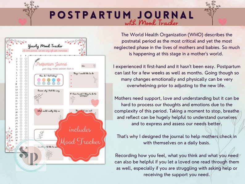 Postpartum Journal, Mood Tracker, Postpartum Mental Check, Mom Journal, New Mother Journal