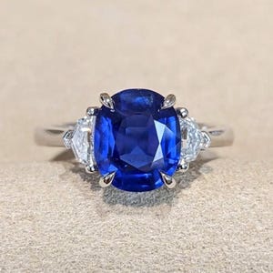 Lab Grown Blue Sapphire Three Stone Ring: 925 Sterling Silver, 14K White Gold Plated