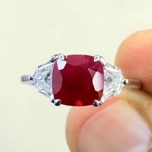 Lab Grown Ruby Cushion Cut Engagement Ring: Sterling Silver, Diamonds