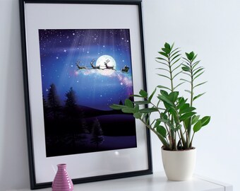 May include: A framed print of a winter night scene with Santa Claus flying in a sleigh pulled by reindeer. The scene is set against a starry night sky with a full moon.