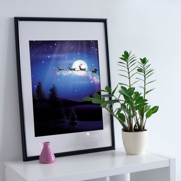Santa Claus Reindeer Sleigh Flying Print, Christmas Night Printable, Illustration Poster, Digital Downloadable Wall Art, Holiday Decor