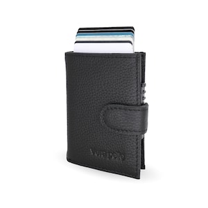 Card case with NFC protection with coin and note compartment for 8-10 cards made of 100% genuine leather, pop-up card case, wallet, card wallet