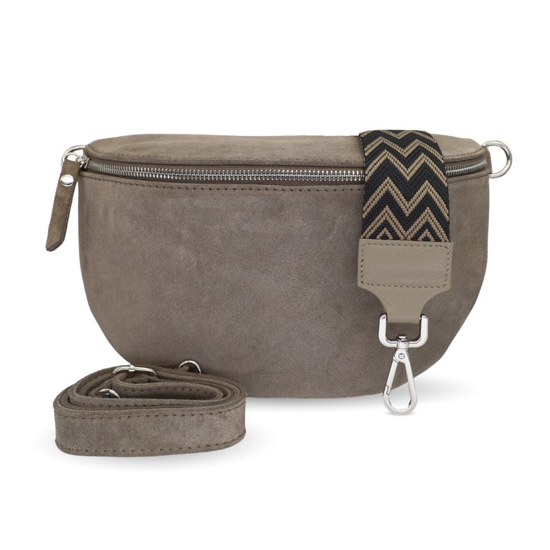 Women's bum bag made of suede crossbody bag with original strap and wide shoulder strap shoulder bag in different colors Taupe3 WL