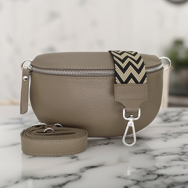 Sac banane en cuir taupe, sac banane avec sangle de poche, sac crossbody, sac banane femme cuir véritable