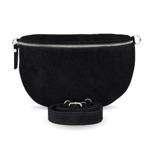 Women's bum bag made of suede crossbody bag with original strap and wide shoulder strap shoulder bag in different colors Schwarz1 WL