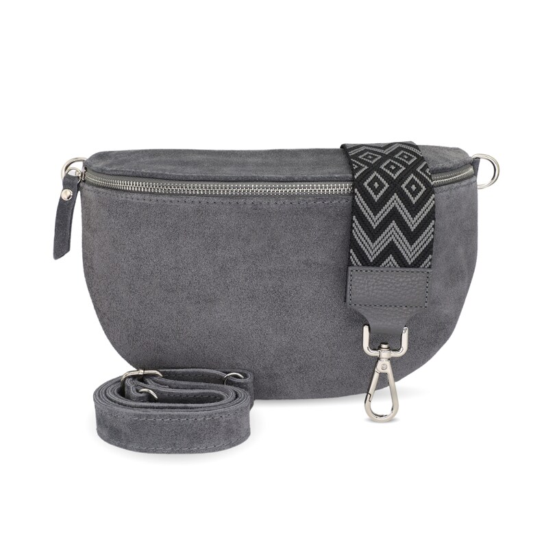 Women's bum bag made of suede crossbody bag with original strap and wide shoulder strap shoulder bag in different colors Grau3 WL