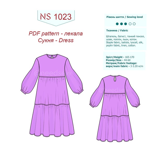 Kleid in 9 Größen S-6XL mit Nahtzugaben/PDF-Schnittmuster/Schnittmuster A4/A0 zum Downloaden/Digitales Schnittmuster