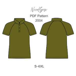 May include: Olive green polo shirt design with short sleeves, a button-up collar, and raglan sleeves. The image shows the front and back views of the shirt. Text on the image reads "NeedSew PDF Pattern 2004" and "S-6XL".