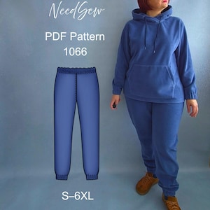 May include: A blue fleece tracksuit, including a hooded sweatshirt with a front pocket and matching sweatpants. The image also shows a PDF pattern for the tracksuit, with the text "NeedSew", "PDF Pattern 1066", and sizes "S-6XL".