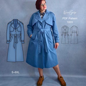 May include: A light blue trench coat with a matching belt and button closure. The coat features a classic design with a collar and pockets. The image also includes a line drawing of the coat and the text "NeedSew PDF Pattern 1003" and "S-6XL".