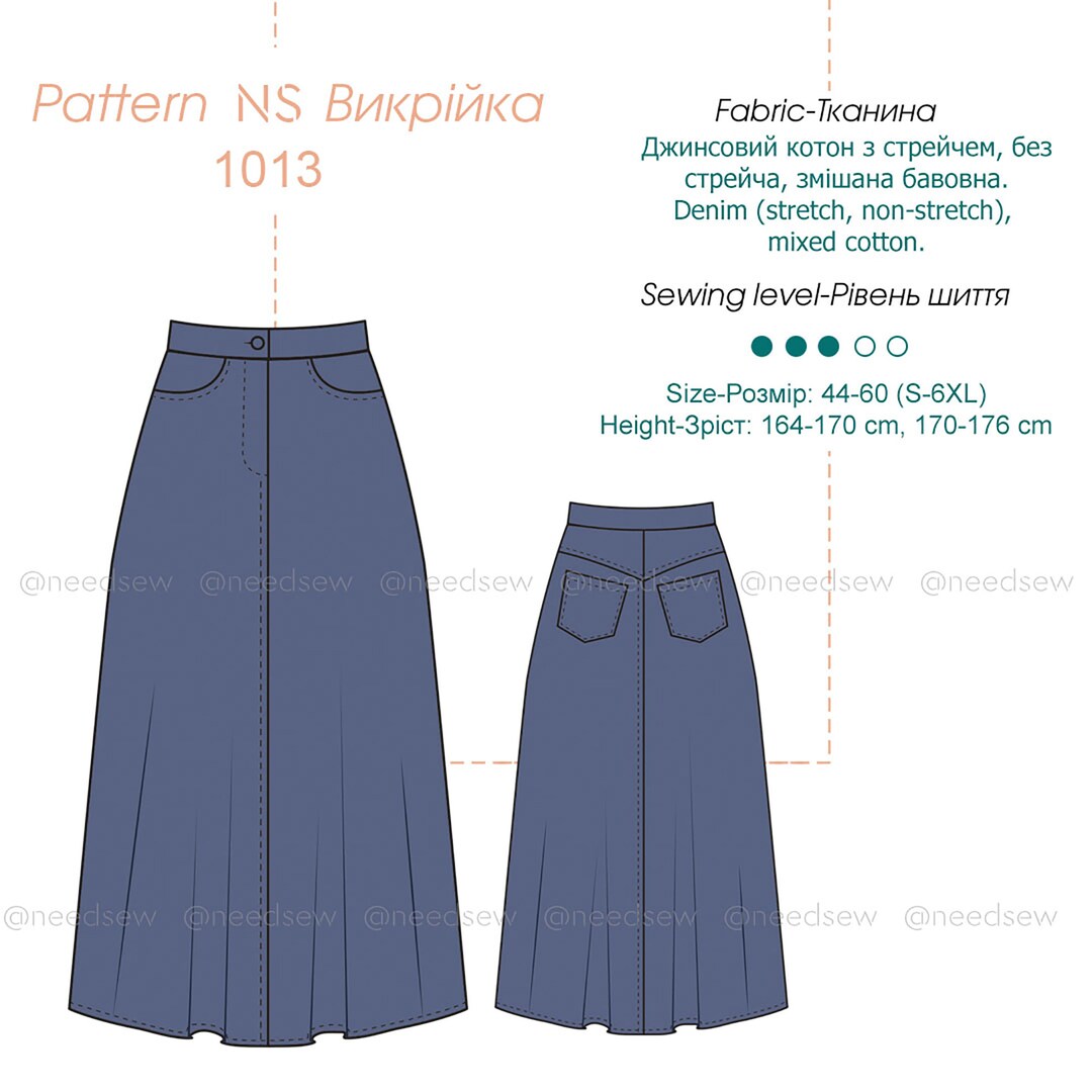 Digital PDF Sewing Pattern of Denim Skirt in 9 Sizes S6XL With Seam Allowances /A4/A1/A0 for