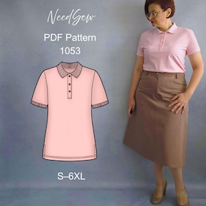 May include: A pink polo shirt design with short sleeves and a collar, next to a woman wearing a similar pink polo shirt and a brown skirt. The text "NeedSew" and "PDF Pattern 1053" are visible. Sizes S-6XL are indicated.