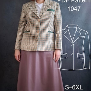 May include: A woman wearing a houndstooth blazer with green trim, a white shirt, and a mauve skirt. The image includes a line drawing of the blazer and text that reads "NeedSew PDF Pattern 1047 S-6XL."