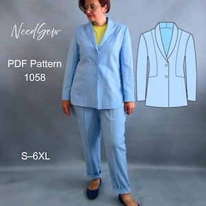 May include: A light blue suit, including a blazer and pants, is displayed. The blazer has two buttons and a notched collar. The pants are cuffed at the ankles. The text "NeedSew" and "PDF Pattern 1058" are visible. Sizes S-6XL are listed.