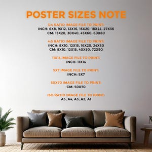 May include: A poster with the text "POSTER SIZES NOTE" in orange text. The poster lists different image file sizes to print in inches and centimeters, including 3:4, 4:5, 11x14, 5x7, 50x70, and ISO ratios. The poster also lists the corresponding sizes in inches and centimeters.