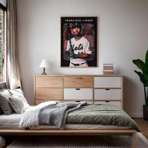 Francisco Lindor dynamic MLB shortstop poster with New York City map backdrop, an ideal gift for Mets fans and baseball enthusiasts.