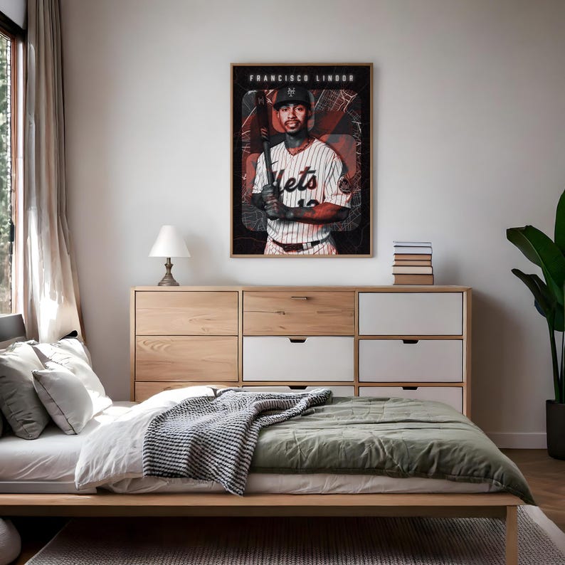 Francisco Lindor dynamic MLB shortstop poster with New York City map backdrop, an ideal gift for Mets fans and baseball enthusiasts.