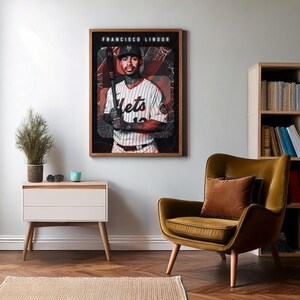 Francisco Lindor dynamic MLB shortstop poster with New York City map backdrop, an ideal gift for Mets fans and baseball enthusiasts.