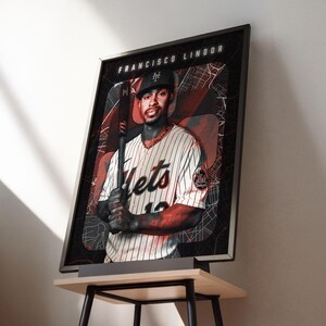 Francisco Lindor dynamic MLB shortstop poster with New York City map backdrop, an ideal gift for Mets fans and baseball enthusiasts.