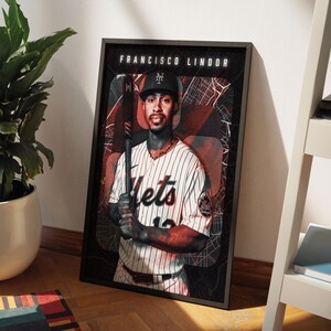 Francisco Lindor dynamic MLB shortstop poster with New York City map backdrop, an ideal gift for Mets fans and baseball enthusiasts.