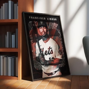 Francisco Lindor dynamic MLB shortstop poster with New York City map backdrop, an ideal gift for Mets fans and baseball enthusiasts.