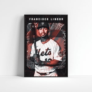 Francisco Lindor dynamic MLB shortstop poster with New York City map backdrop, an ideal gift for Mets fans and baseball enthusiasts.