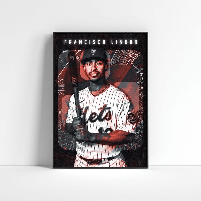 Francisco Lindor dynamic MLB shortstop poster with New York City map backdrop, an ideal gift for Mets fans and baseball enthusiasts.