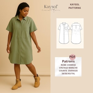 May include: An olive green shirt dress with short sleeves, a button-down front, and a chest pocket. The image also includes a line drawing of the dress and text that reads "Kaysol Couture-Paris" and "Kaysol Patterns".