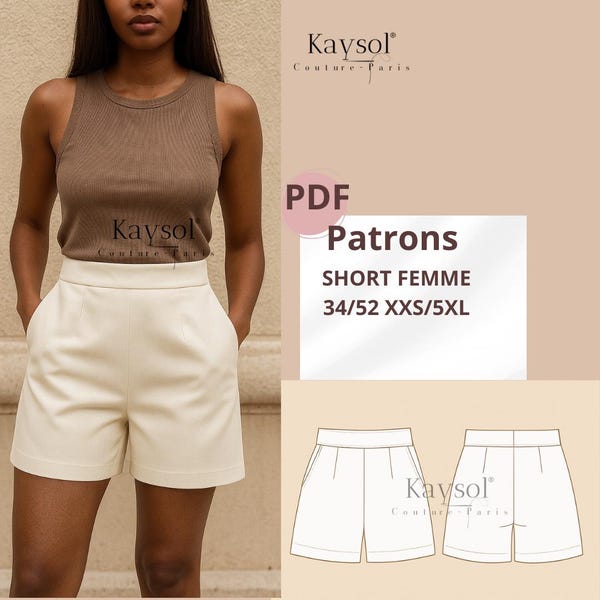 Patroon voor dames shorts (PDF) - Naaipatroon (PDF) - Frans-Engels-Duits - Amerikaanse/Europese maten - Chique shorts met zakken - Makkelijk te naaien -