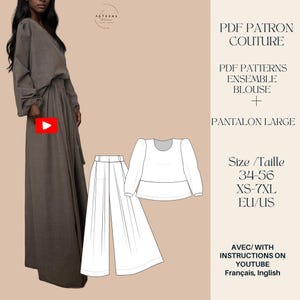 Peut inclure: Patron de couture PDF pour un chemisier et un pantalon large. Le patron comprend des instructions sur YouTube en français et en anglais. Tailles 34-56, XS-7XL, EU/US.