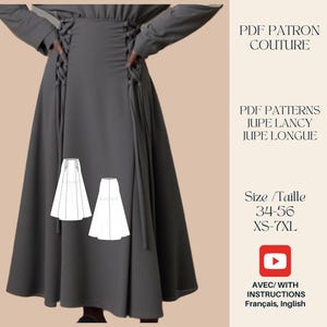 Puede incluir: Una falda gris oscura con un diseño de encaje en los laterales. La imagen incluye una ilustración del patrón y el texto "PDF PATRON COUTURE" y "PDF PATTERNS JUPE LANCY JUPE LONGUE". El rango de tallas es 34-56 y XS-7XL.