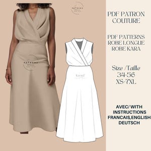 May include: A digital sewing pattern for a long wrap dress with a V-neckline. The pattern includes instructions in French, English, and German. Sizes range from XS to 7XL (34-56).
